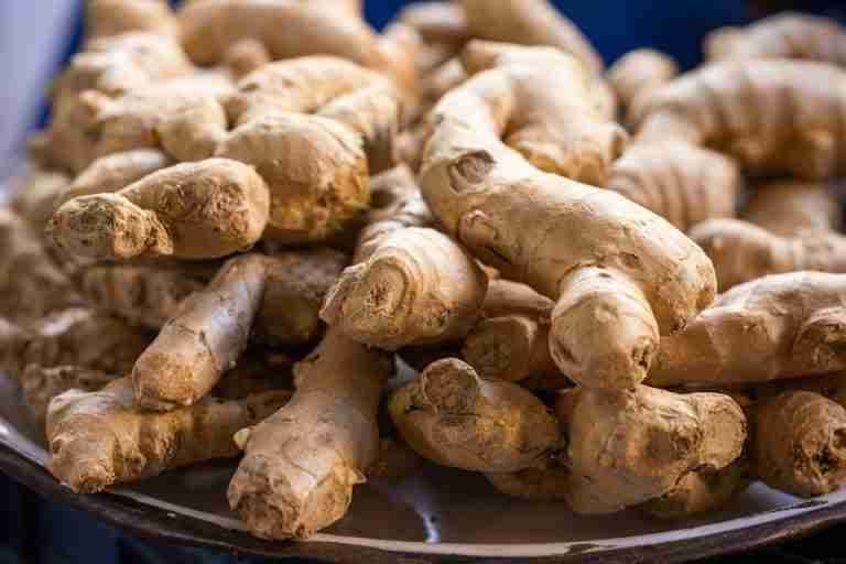 A close-up photo of fresh, raw ginger roots piled on a plate. Perfect for culinary use.