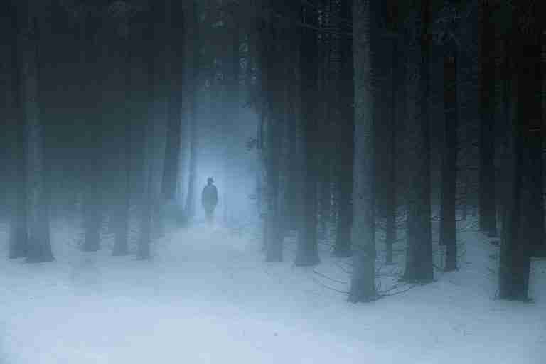Mysterious figure walking through a snowy, foggy forest landscape in winter.
