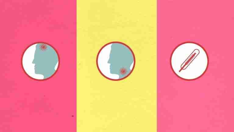 Creative illustration showing symptoms like headache and sore throat with a thermometer on a vibrant background.