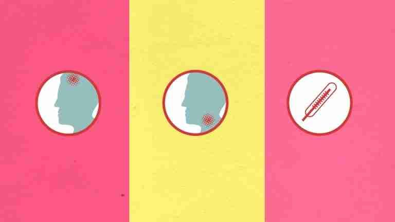 Creative illustration showing symptoms like headache and sore throat with a thermometer on a vibrant background.