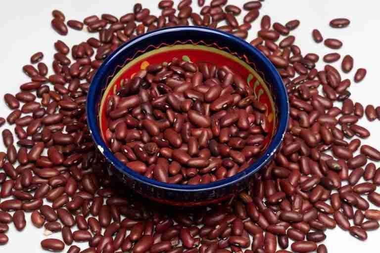Red kidney beans in a colorful bowl surrounded by more beans. Perfect for healthy eating themes.