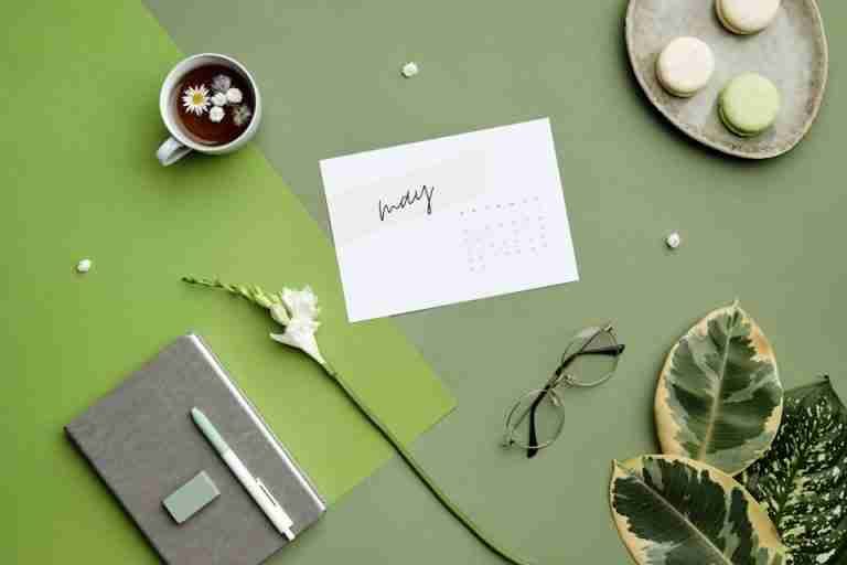 A contemporary still life with tea, calendar, macarons, and plant leaf on a green backdrop.