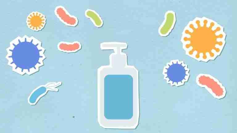 Paper cutout of medical antiseptic for health care on blue background with various types of viruses during dangerous disease outbreak