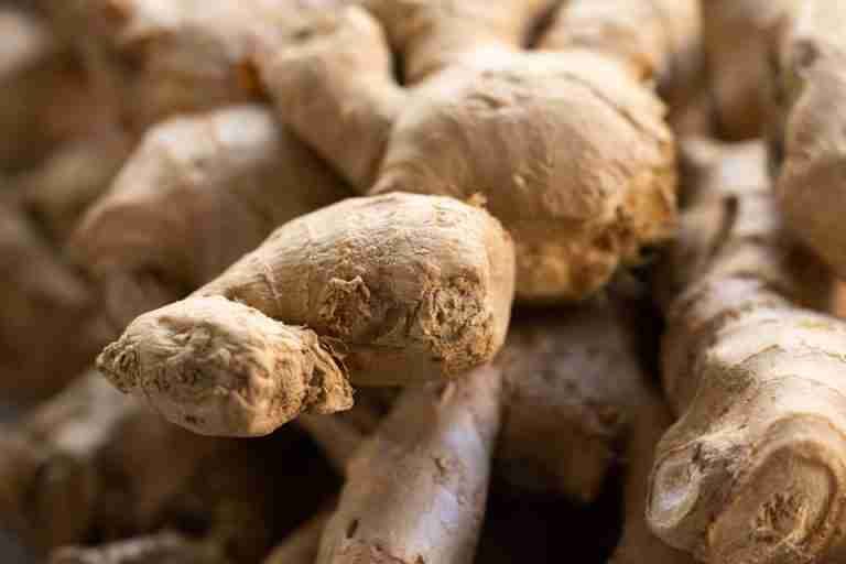 Detailed view of fresh raw ginger roots, showcasing texture and earthy tones. Ideal for food themes.