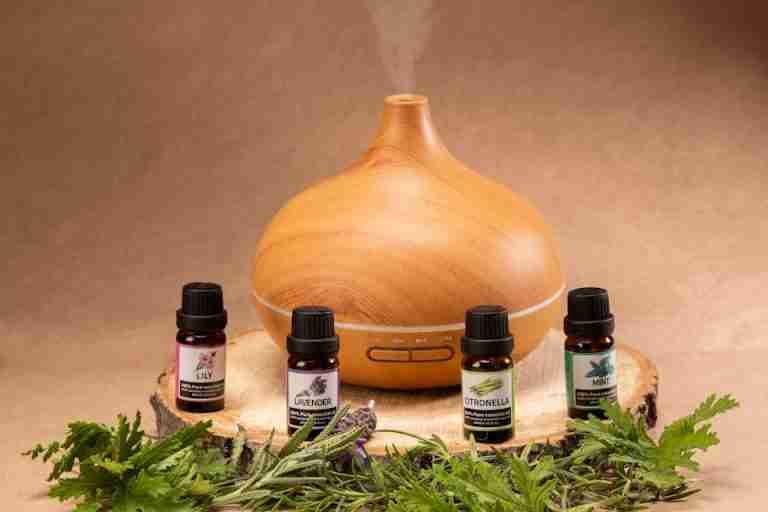 Wooden diffuser with essential oils, perfect for relaxation and aromatherapy needs.