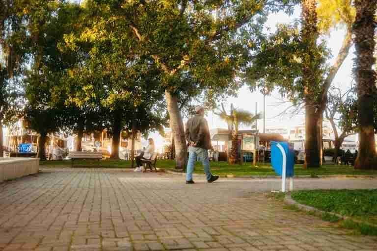 A serene scene of people enjoying a sunny afternoon walk in a lush green park.