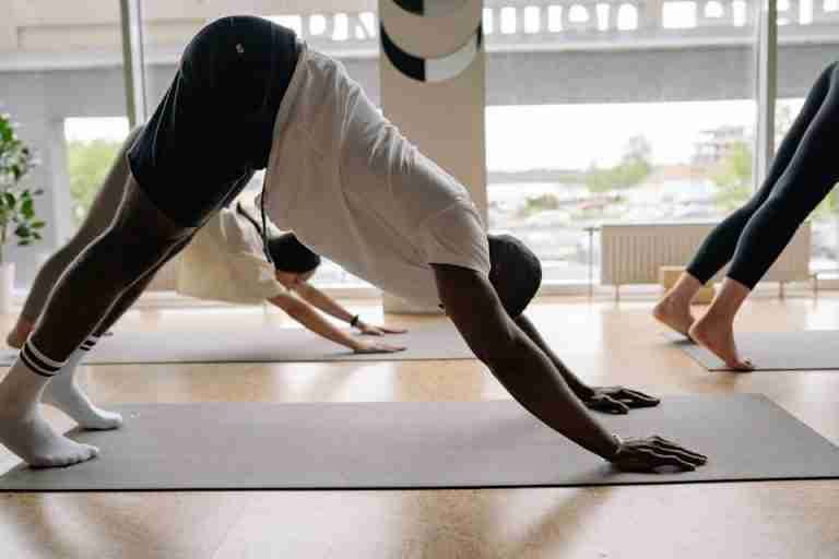 Diverse group of people performing yoga in a studio with bright natural light.