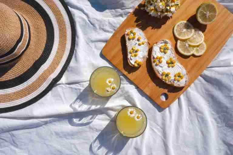 Flat lay of summer picnic items with chamomile lemonade and tartines on a sunny day.